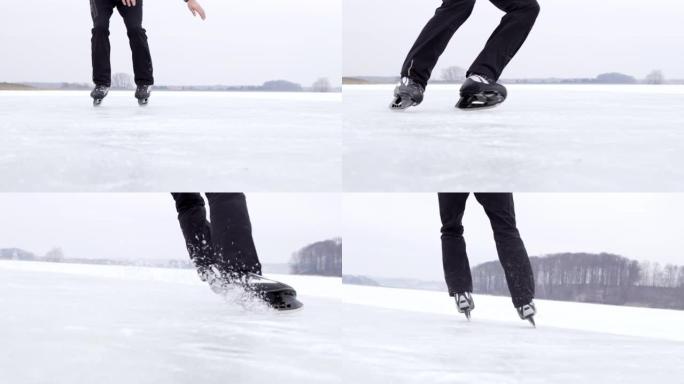 4k十几岁的男孩在冰冻的湖上滑冰，慢动作