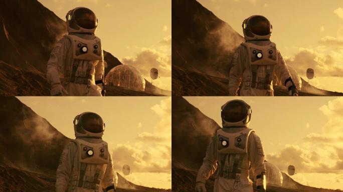 宇航员在火星上进行探索探险。背景:他的基地/研究站。第一次载人火星任务，技术进步带来了太空探索和殖民