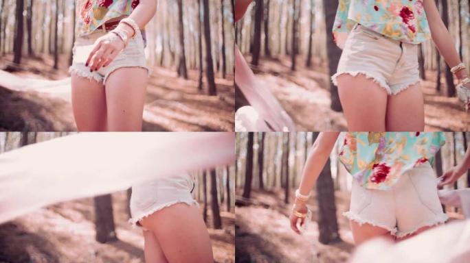 夏季时尚波西米亚风在森林里拍摄女孩