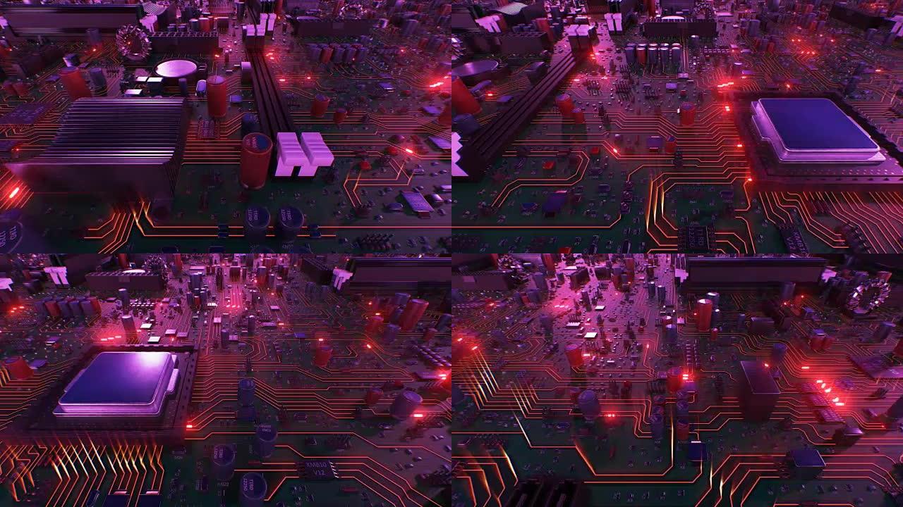 红灯飞过电路板和处理器。带有红色信号弹的主板和cpu的循环3d动画。技术和数字概念。
