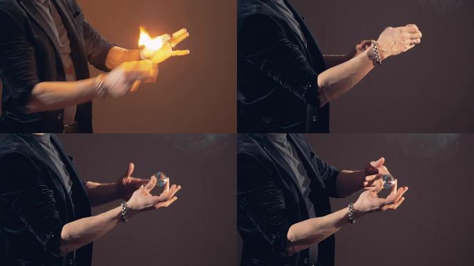 魔术师正在用手将火变成水晶