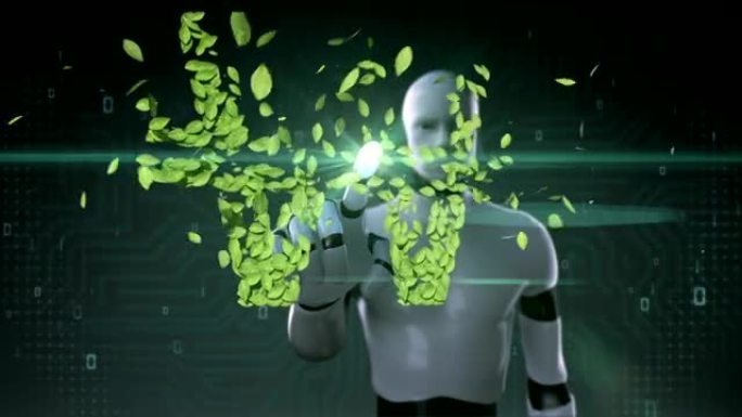 机器人机器人触摸绿叶赢得标志，由树叶制成。