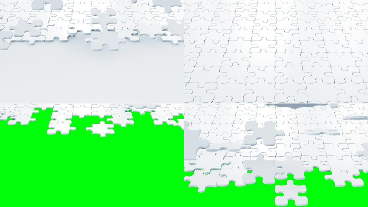 白色拼图碎片落在桌子上3d动画。对过渡很有用。绿屏。阿尔法面具。