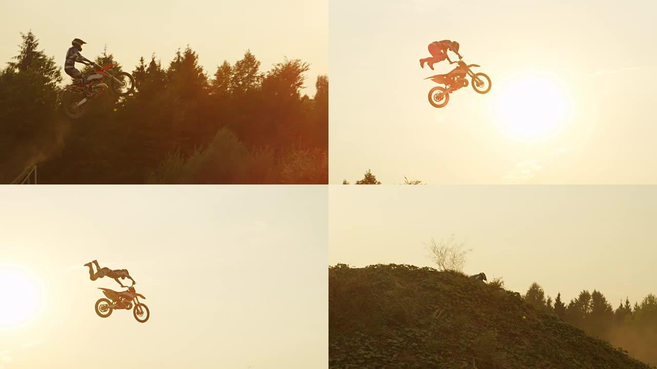 慢动作: 职业自由式越野摩托车手在阳光下跳跃超人