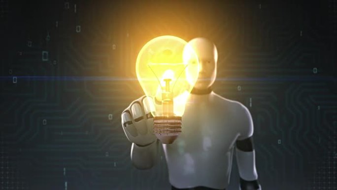 机器人，机器人触摸灯泡灯，显示想法概念。
