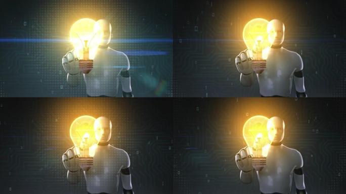 机器人，机器人触摸灯泡灯，显示想法概念。