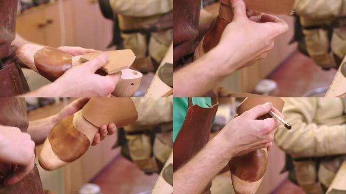 定制鞋匠测量和切割鞋革