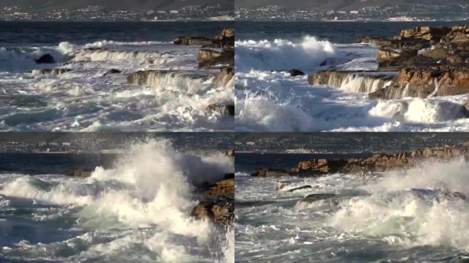 海浪撞击南非开普敦的海滨岩石