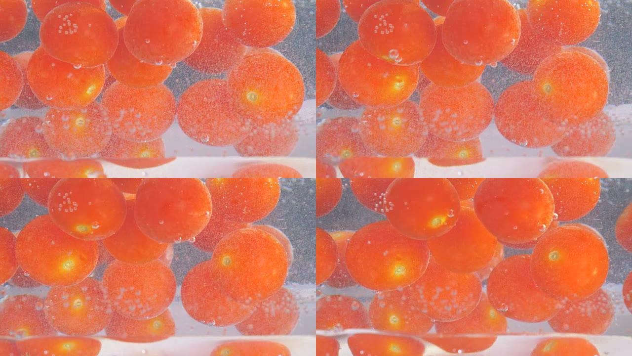 一堆漂浮在水中的西红柿的特写