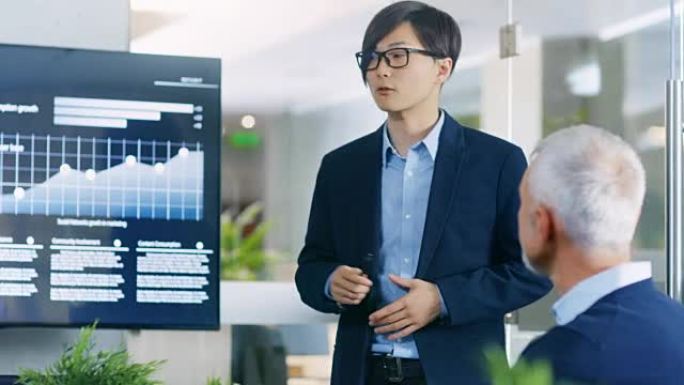亚洲商人向他的商业同事发表报告/演讲，指出结果显示了墙上电视屏幕上的统计数据，饼图和公司的增长。