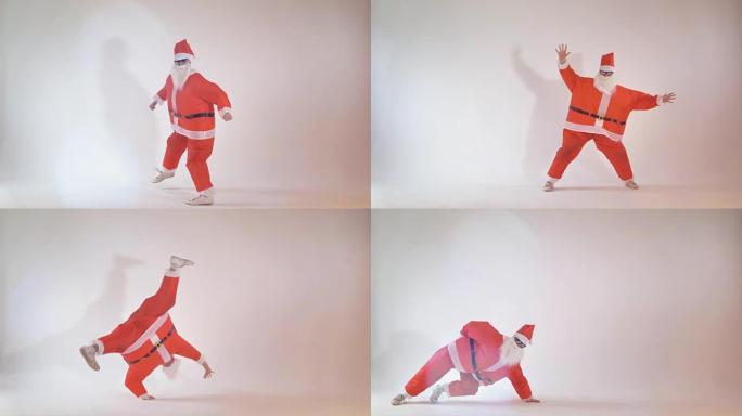 笨拙开朗的圣诞老人在锻炼时摔倒。4K。
