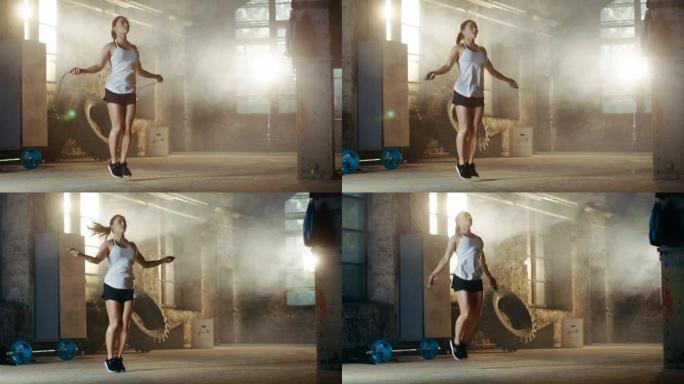 运动美女在健身房用跳绳/跳绳锻炼。她在激烈的交叉健身训练中浑身是汗。