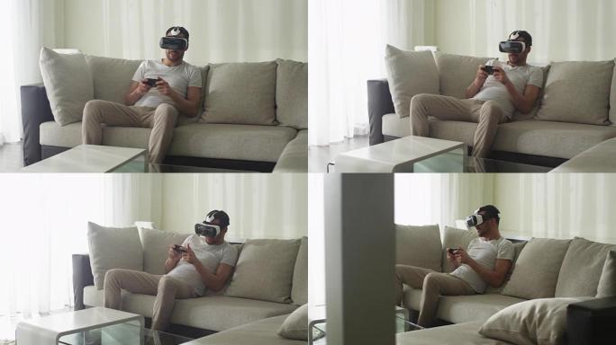 男子戴着VR耳机，在客厅用控制器玩游戏。