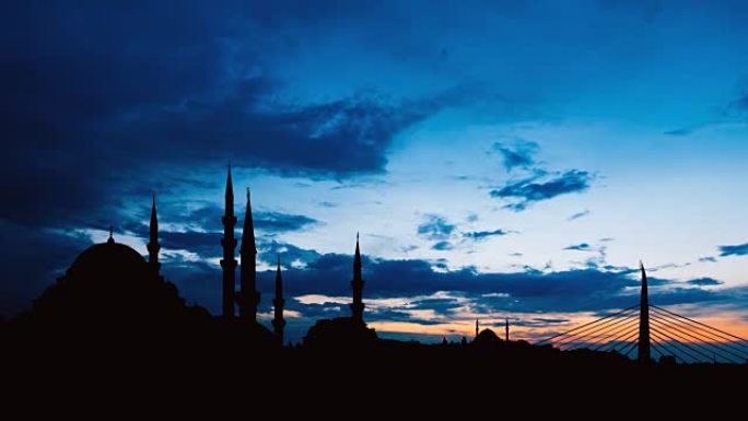 日落时分，伊斯坦布尔城市景观与著名的苏莱曼清真寺