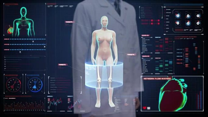 医生触摸屏，旋转女性人体，扫描心血管系统，骨骼结构，骨骼系统，蓝色x射线光。