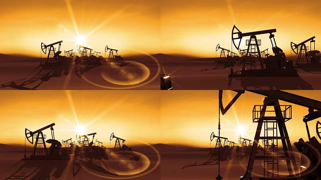 通过工作油泵千斤顶飞行到阳光明媚的橙色光。商业和技术概念。循环3d动画。高清1080。