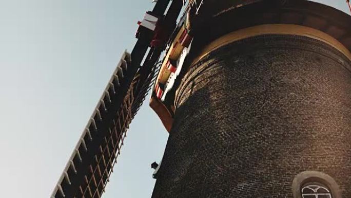 传统古老乡村风车的4k特写。荷兰。荷兰历史遗产。旅游建筑地标