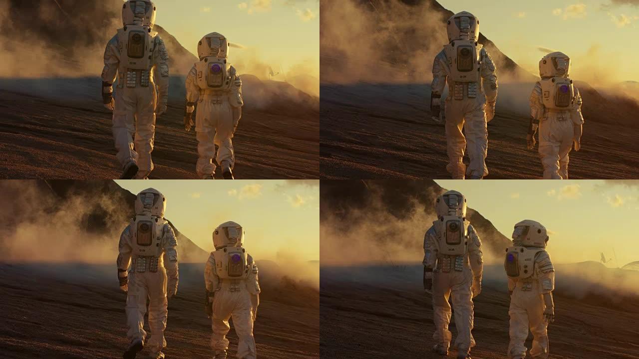 两名宇航员自信地行走在布满气体和烟雾的外星岩石行星上。人类克服困难。科学的进步。