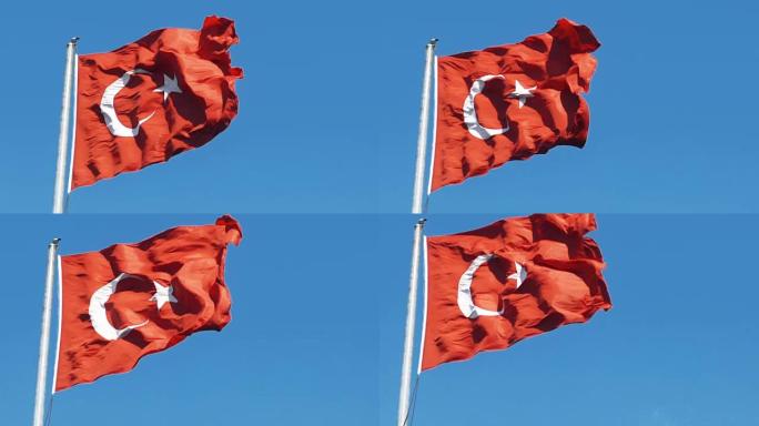 土耳其国旗在户外蓝天中挥舞的慢动作