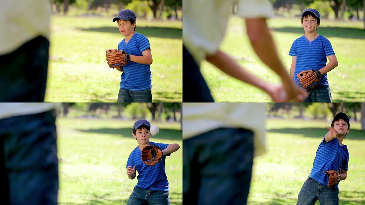 微笑的男孩直立打棒球