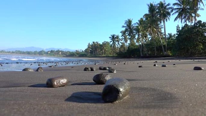 关闭热带岛华丽波光粼粼的沙滩上的黑色火山岩