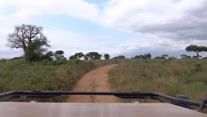 FPV: 野生动物园游戏在狭窄的尘土飞扬的道路上行驶，穿过令人惊叹的非洲大草原
