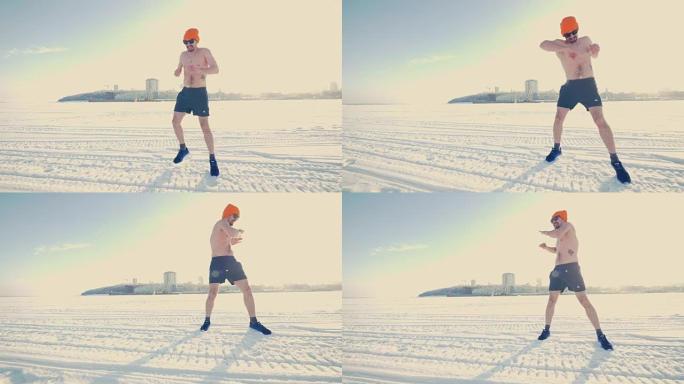 一个男人在冬天做伸展运动。