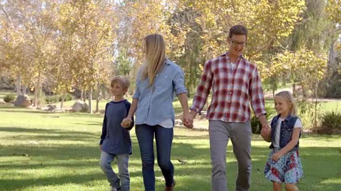 年轻的白人家庭在阳光下牵着手在公园散步