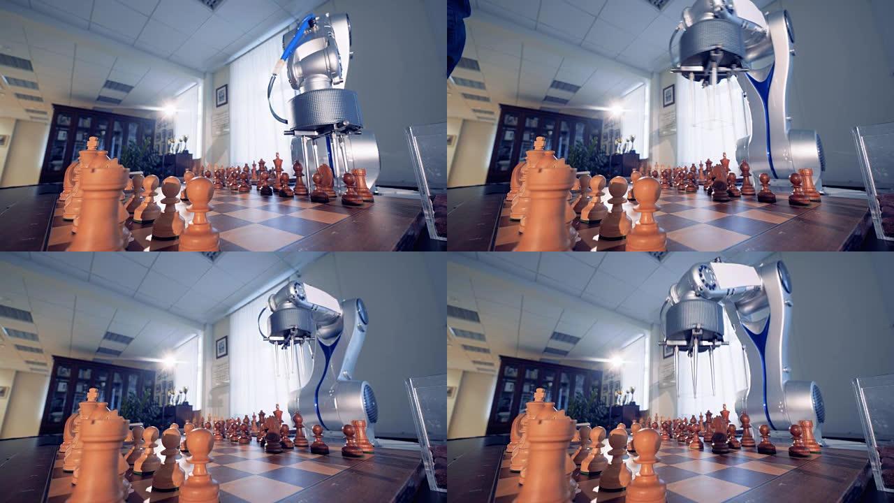 人工智能，机器人棋手和一个男人下棋。4K。