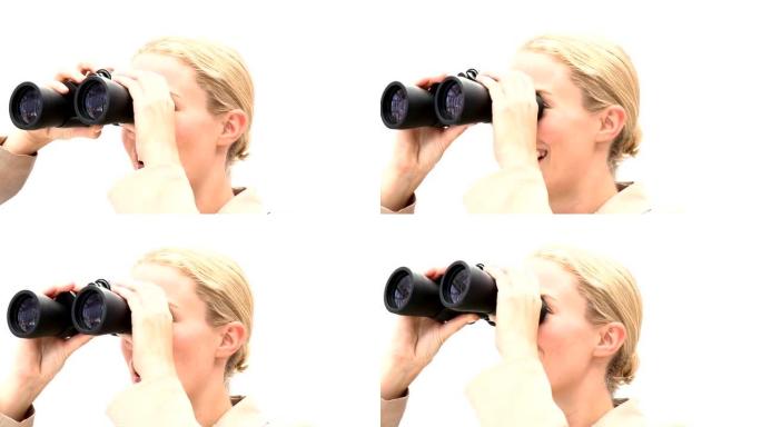 动画显示使用高清双筒望远镜的白人女商人