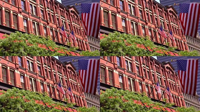 典型的美国建筑和旗帜