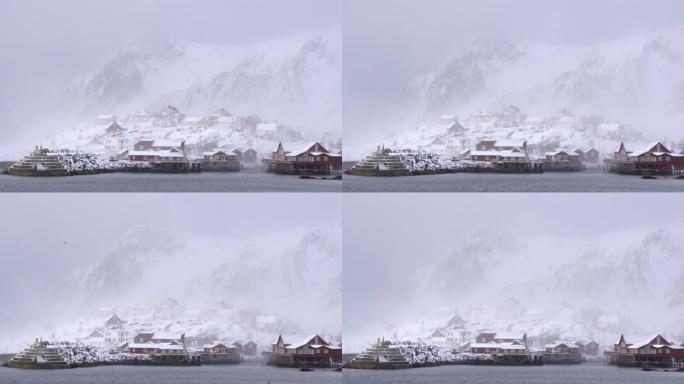 挪威罗弗滕群岛多云的雪山海景4k镜头