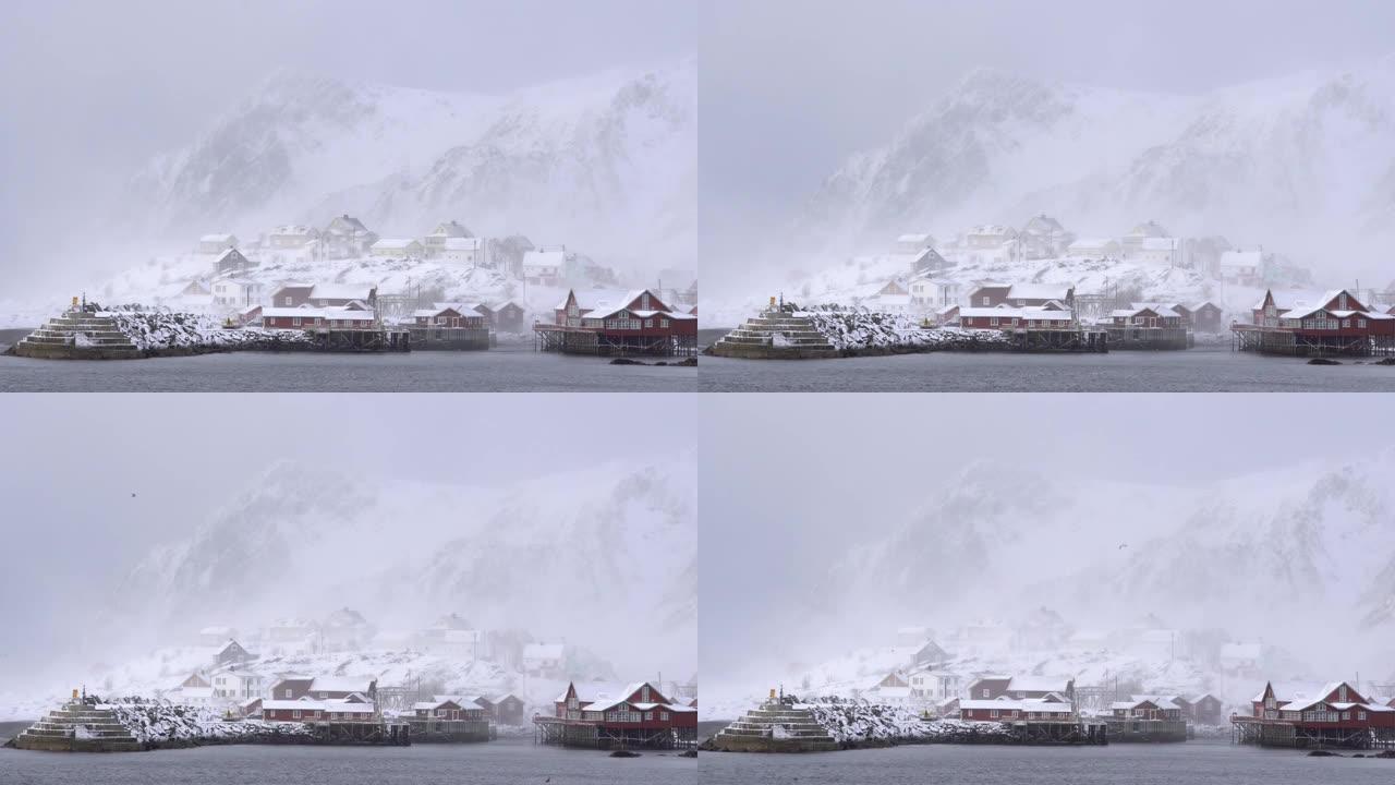 挪威罗弗滕群岛多云的雪山海景4k镜头