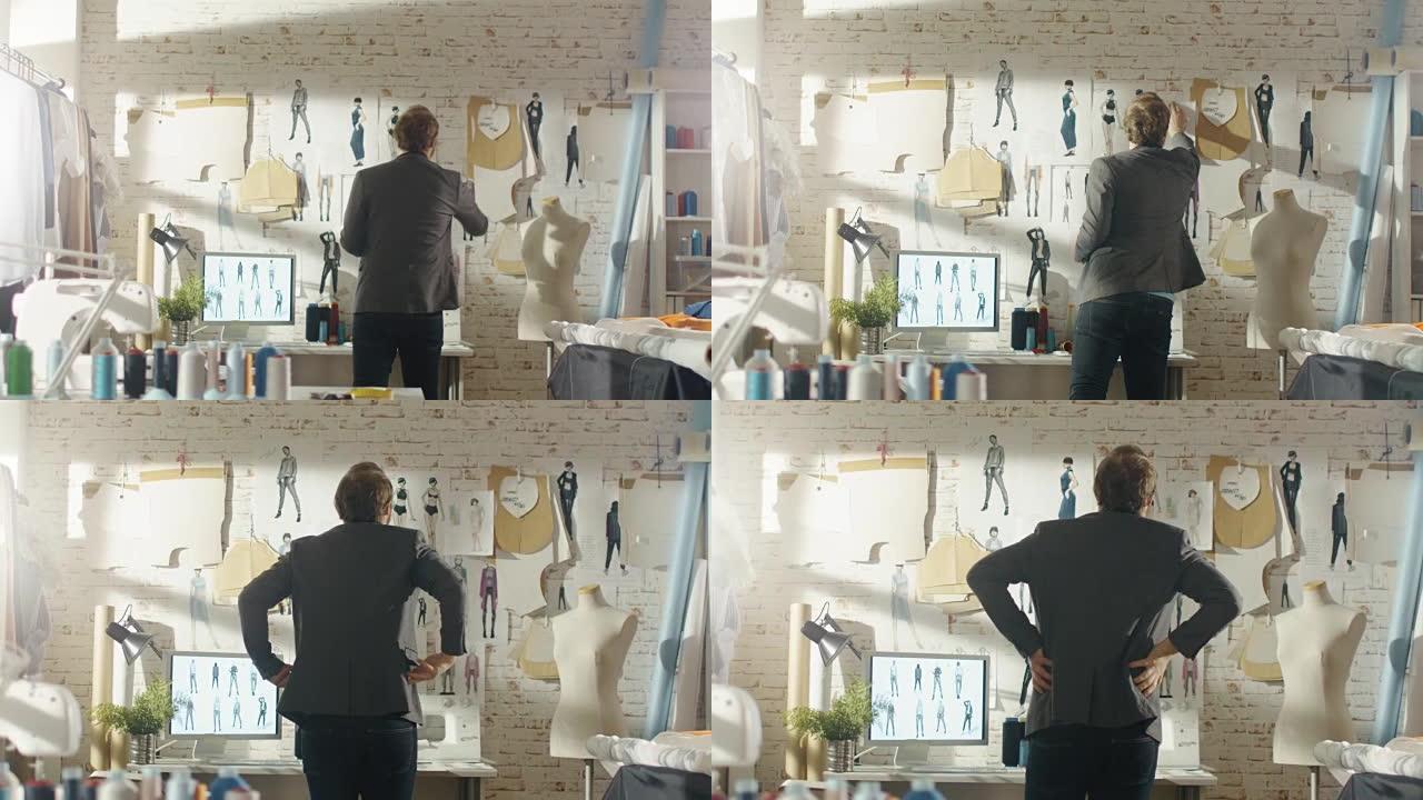 男性时装设计师将服装草图钉在墙上。他的工作室阳光明媚，个人电脑展示他的作品。彩色织物、衣服悬挂和缝纫
