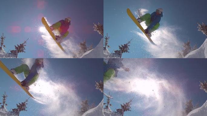 慢动作特写极端滑雪者在下雪的冬日跳过太阳