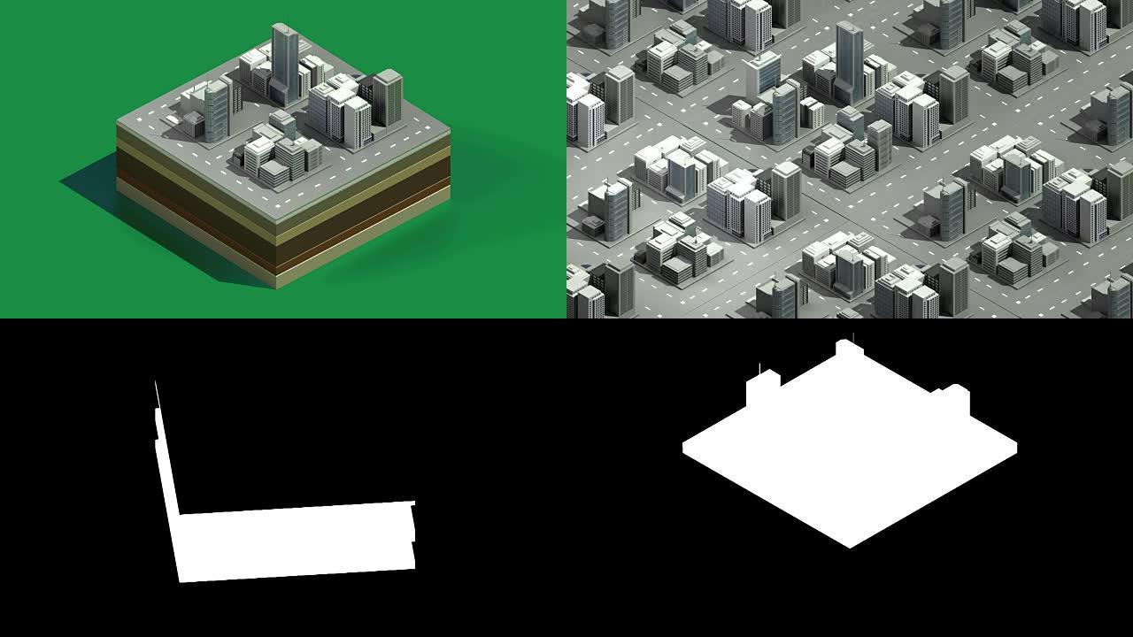 3D建筑物使城市，三个尺寸的插图视图。视觉2 (包括alpha)
