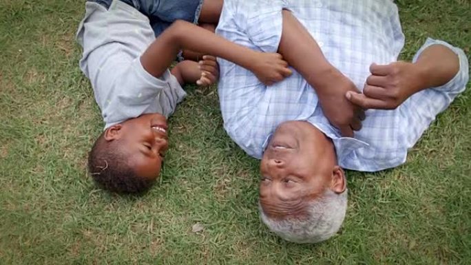 黑爷爷和孙子躺在草地上玩耍，鸟瞰图