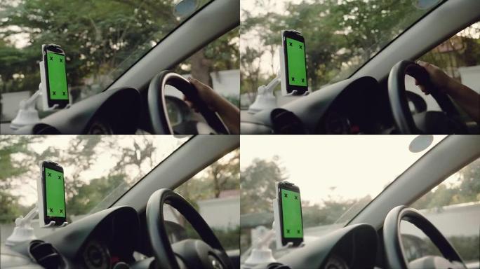 绿屏，人们在汽车中使用GPS技术进行公路旅行