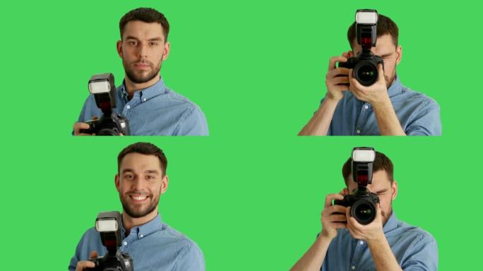 一位英俊的摄影师用相机拍照的特写镜头。在绿色屏幕上拍摄。