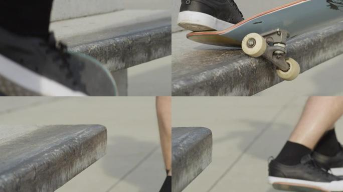 慢动作特写: 溜冰者在混凝土长凳上跳跃并进行滑动技巧