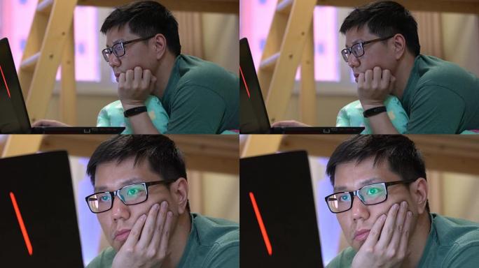 2张亚洲男子在社交媒体上使用计算机笔记本时感到无聊