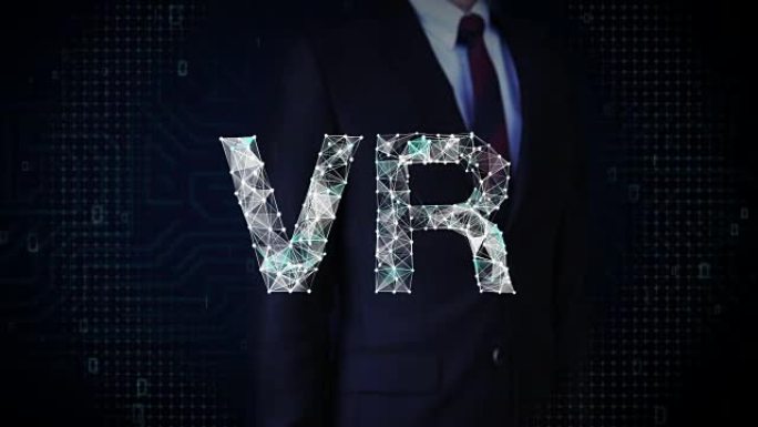 商人触摸屏幕，无数点聚集在一起创建VR标志，虚拟现实概念，低多边形网络。