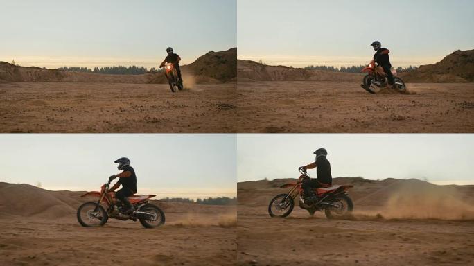 骑在FMX摩托车上的职业车手。他在越野土路上。