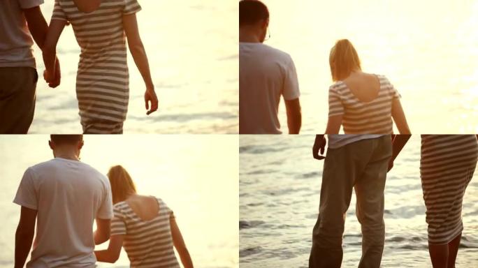 年轻的恋人男人和女人在日落时沿着湖边散步