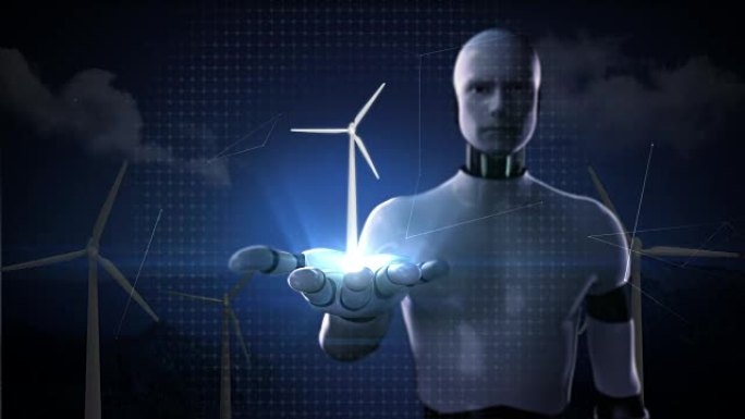 机器人打开手掌，风力涡轮机。生态能源。