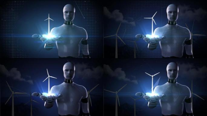 机器人打开手掌，风力涡轮机。生态能源。
