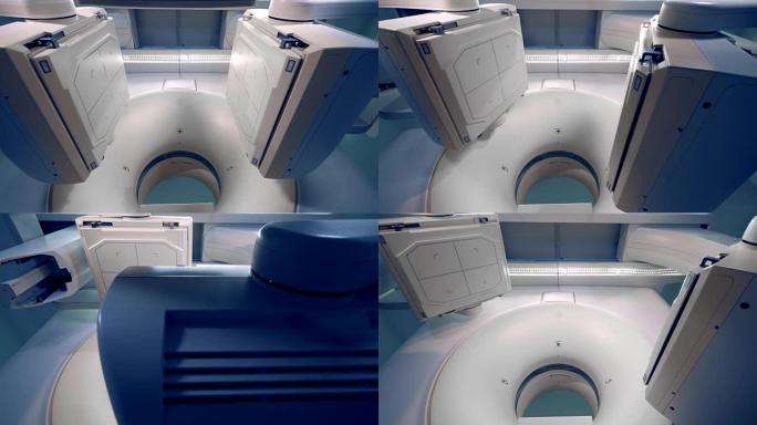 白色医疗设备工程，特写。接受放射治疗的病人。