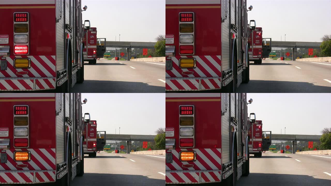 消防员，消防车在紧急现场。救援任务，高速公路事故。