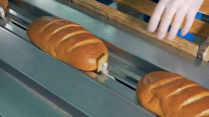 新鲜柔软的法式面包装入包装线。