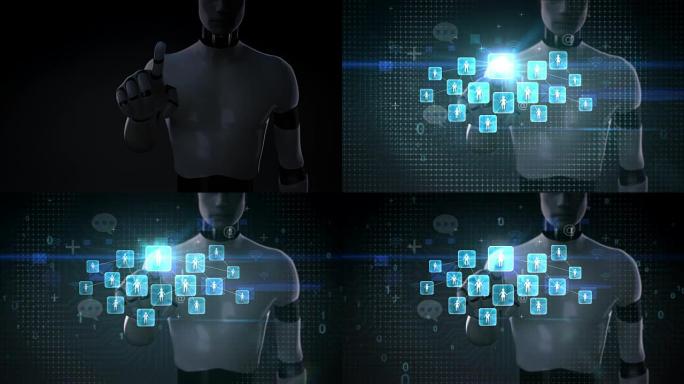 机器人，机器人触摸连接人，使用社交网络服务，通信技术概念